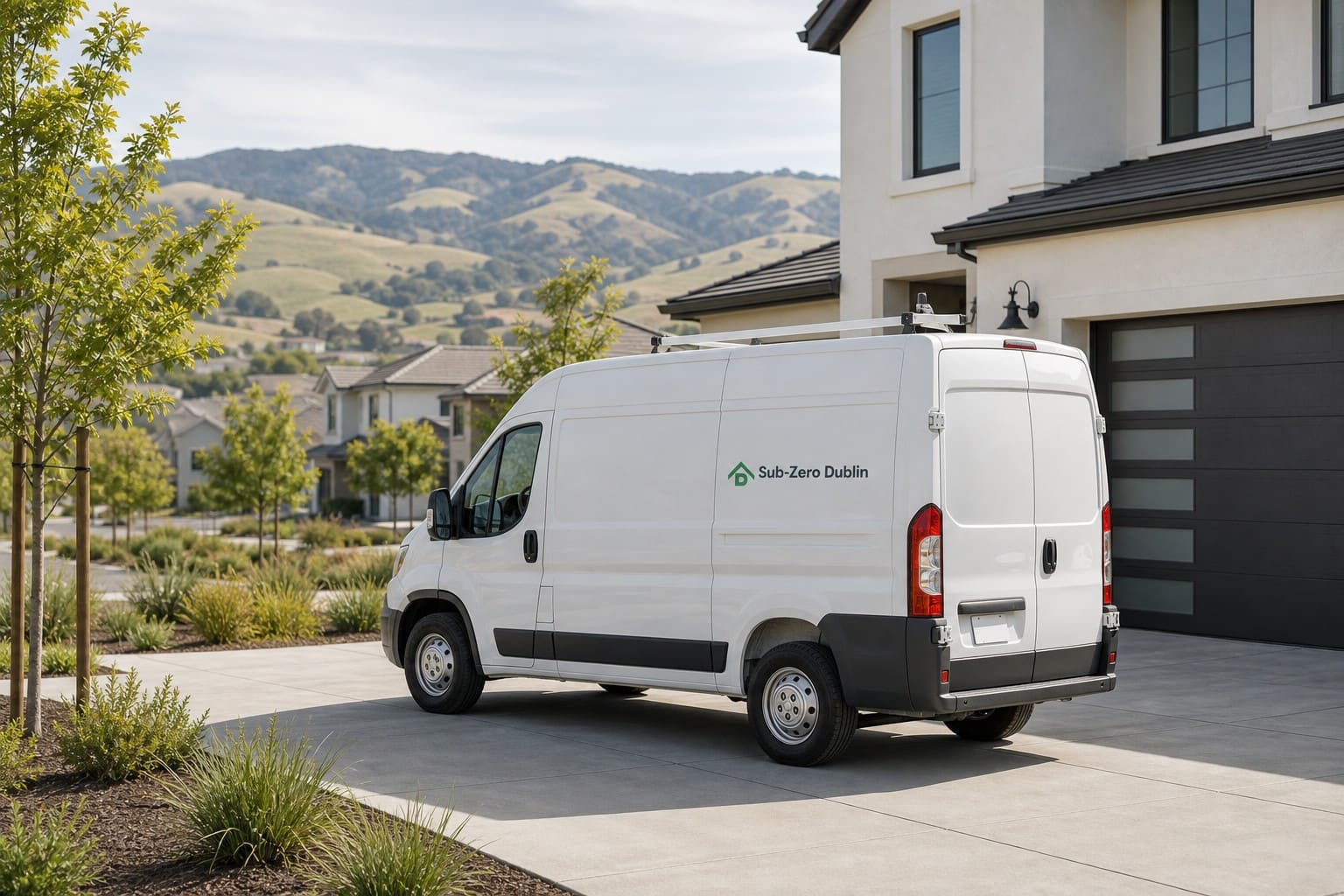 Sub-Zero Dublin service van parked at a new master-planned home in Dublin Ranch