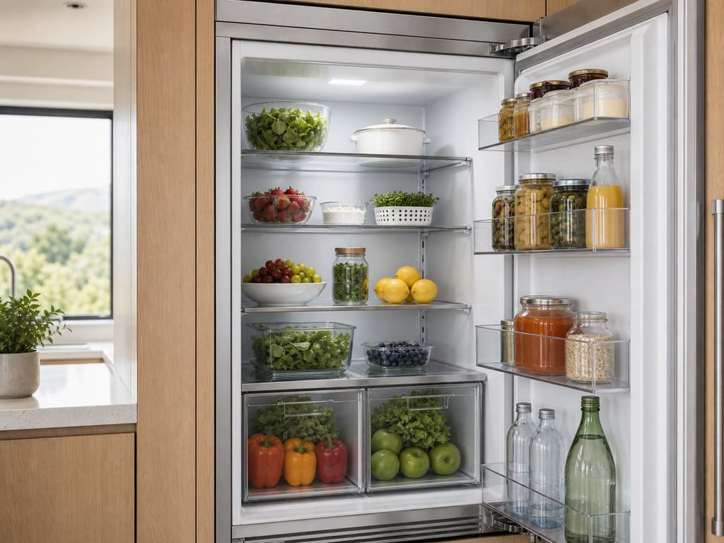 Open built-in Sub-Zero refrigerator full of fresh food in a bright new Dublin kitchen