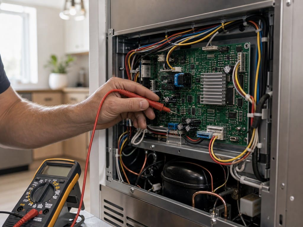 Technician holding a multimeter probe to the control board of a built-in refrigerator