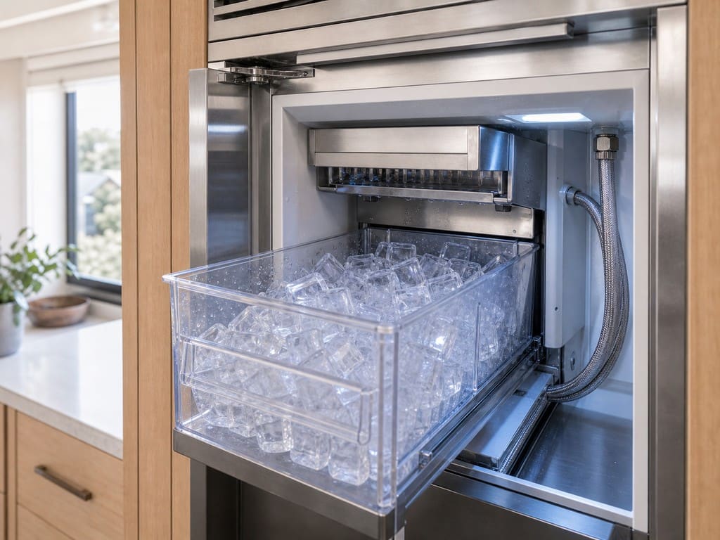 Built-in Sub-Zero clear-ice maker with the bin full of clear ice cubes in a Dublin kitchen