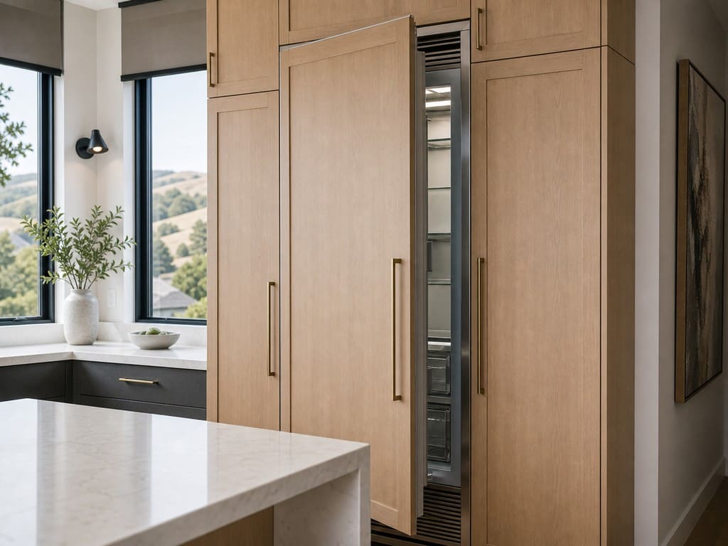 Panel-ready integrated Sub-Zero refrigeration column clad in white-oak cabinetry in East Dublin
