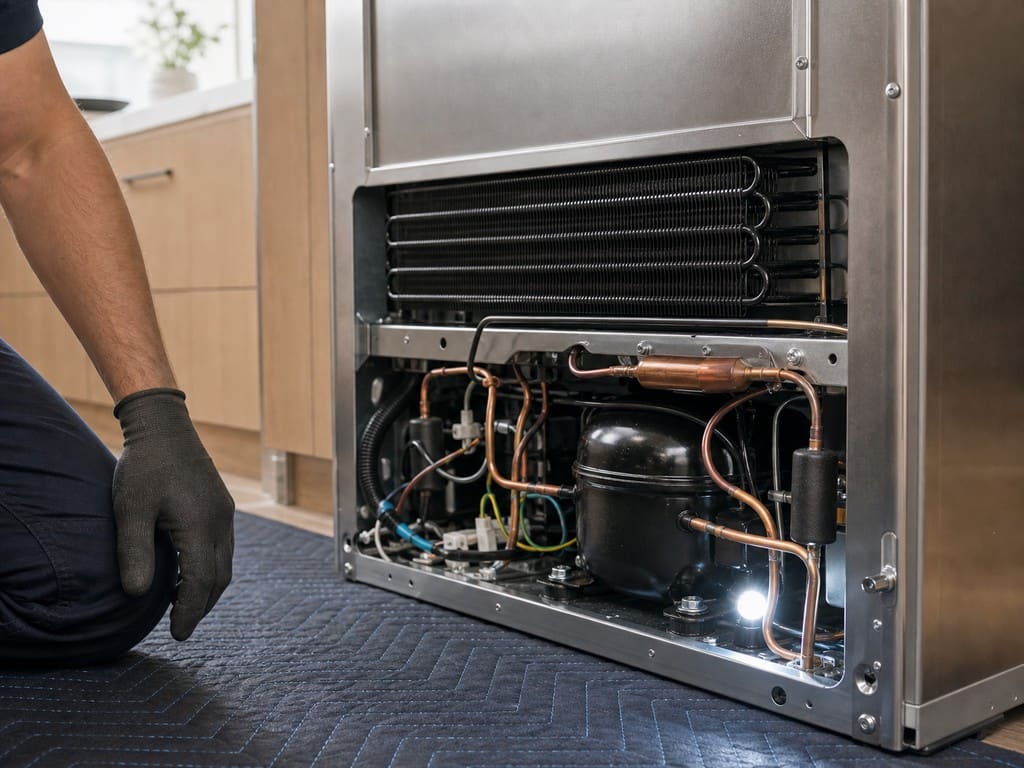 Sealed-system compressor and condenser coils at the back of a pulled-out built-in refrigerator