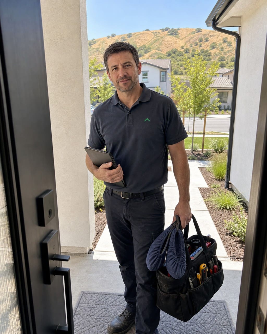 Sub-Zero repair specialist arriving at the front door of a new Dublin Ranch home with a tool case
