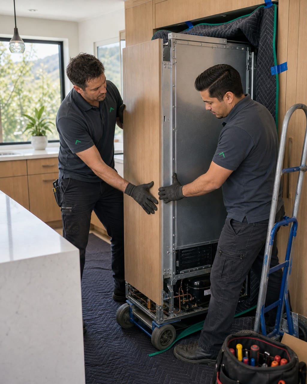 Two Sub-Zero Dublin technicians sliding a built-in refrigerator out of its cabinet in a Dublin kitchen
