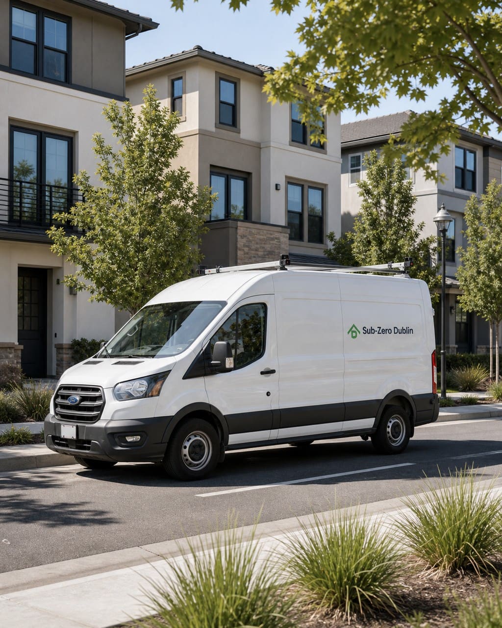 Sub-Zero Dublin van on a tree-lined Dublin Ranch street of new townhomes