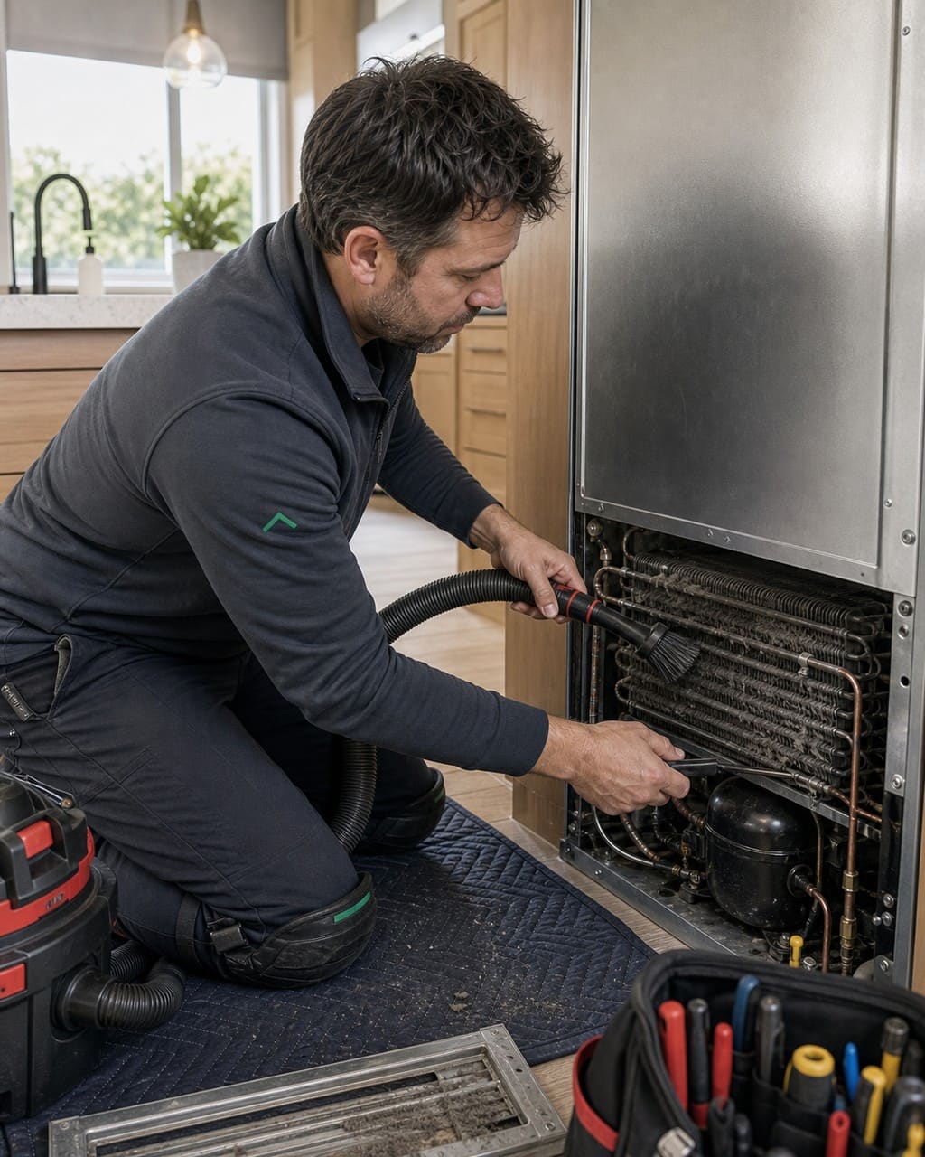 Technician cleaning the dust-loaded condenser of a built-in Sub-Zero freezer in a Dublin home