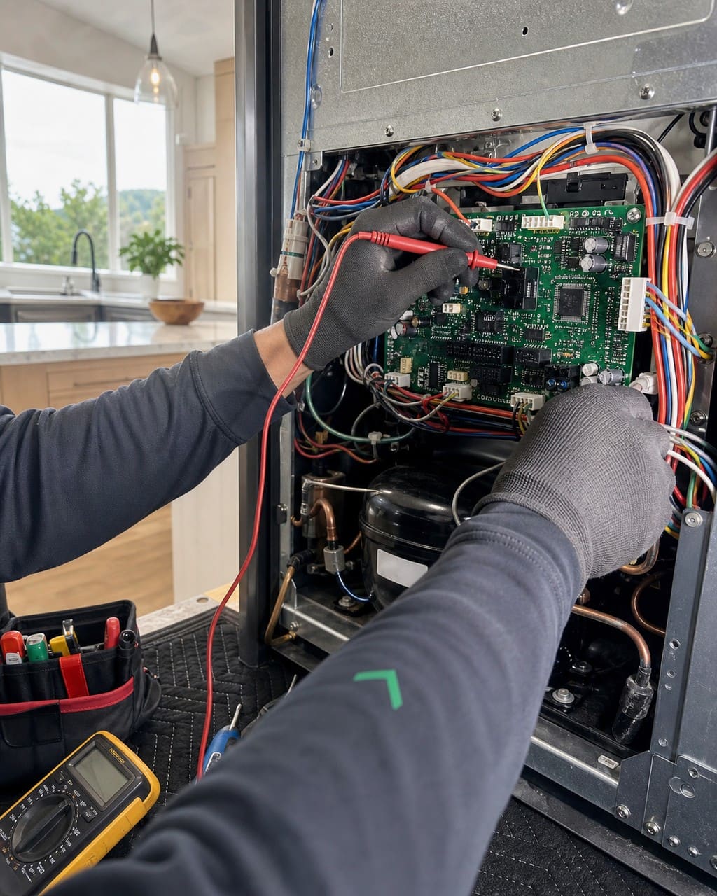 Technician reading the control display and service indicator on a built-in Sub-Zero in a Dublin kitchen