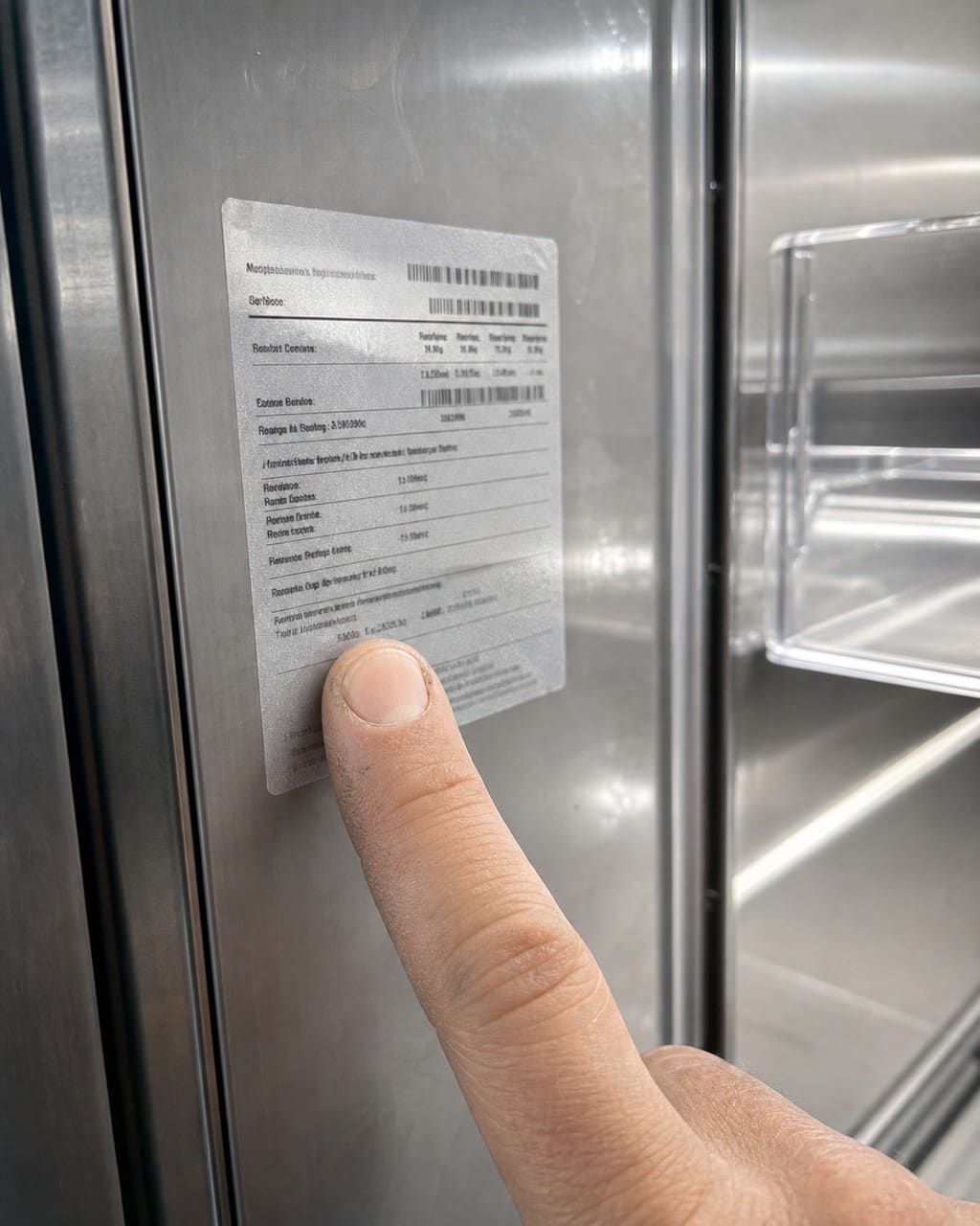 Macro of a technician pointing at the model and serial number tag inside a Sub-Zero refrigerator cavity during a Dublin service call