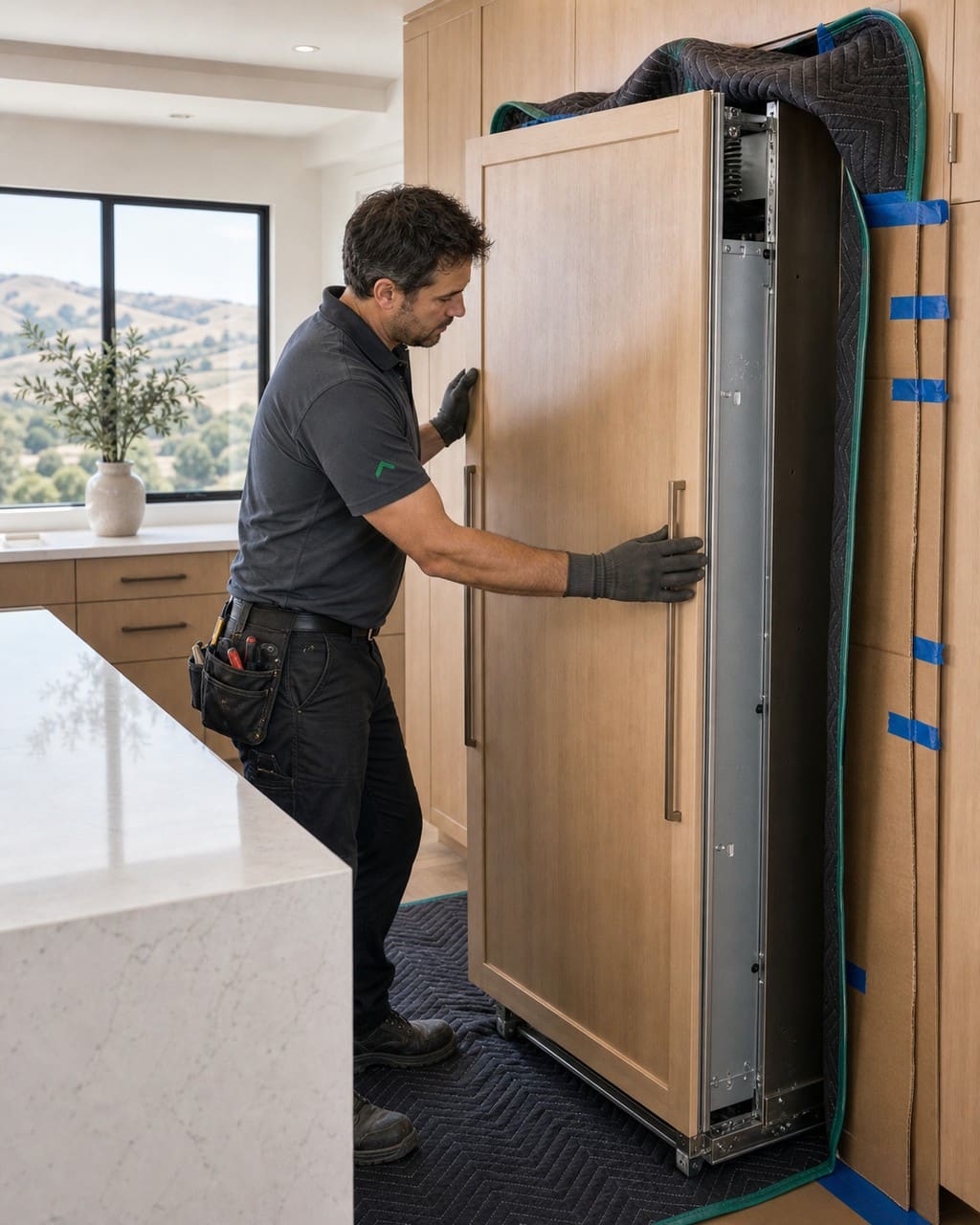 Technician sliding a panel-ready Sub-Zero column out of its custom white-oak cabinet cutout in a Dublin kitchen