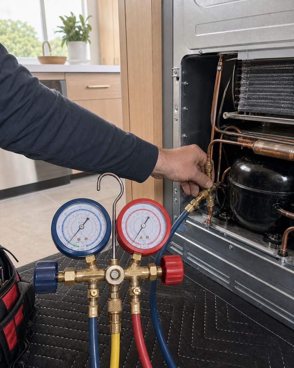 Refrigeration manifold gauges connected to a built-in Sub-Zero sealed system in a Dublin kitchen