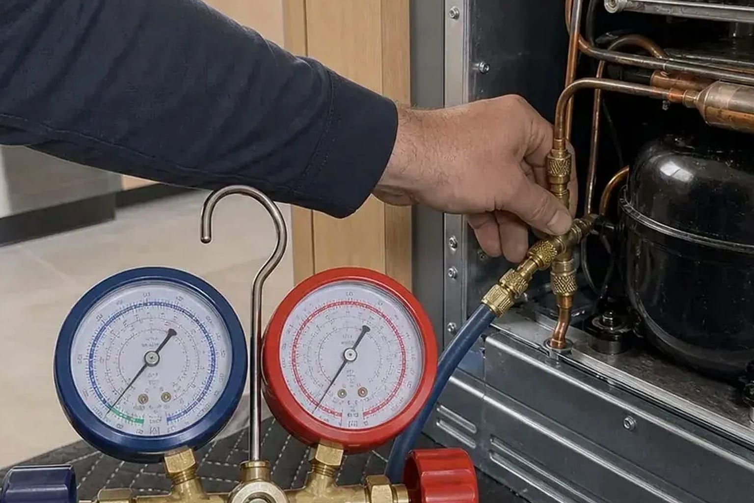 Technician checking the warm mullion strip on a Sub-Zero 650 built-in refrigerator in a Dublin kitchen